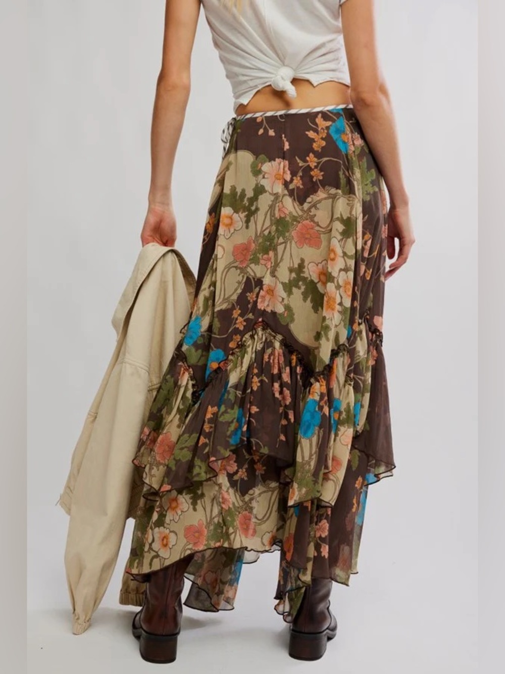 Free People Palermo Villa Chiffon Maxi Skirt in Chocolate Combo 4 - Picture 5 of 9